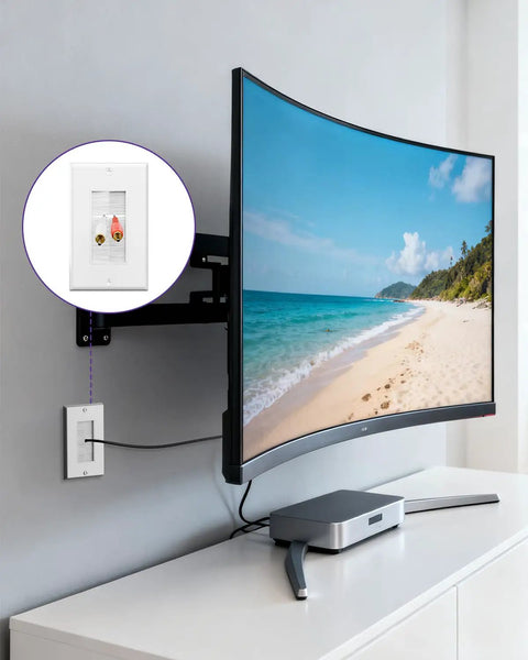 Brush Wall Plate Cable Pass Through In Wall Cable Management Single Gang Decorator Wall Cover For Low Voltage Cables Hide Messy Wires From A Wall Mounted TV White 2 Pack Easy Install shown installed behind wall-mounted TV