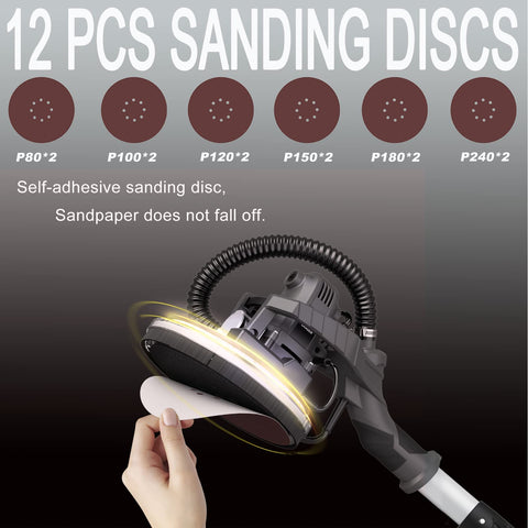Heavy Duty Drywall Sander With Vacuum And Extendable Handle Pro Grade 9.5 Amp Electric Sander showing 12 sanding discs.