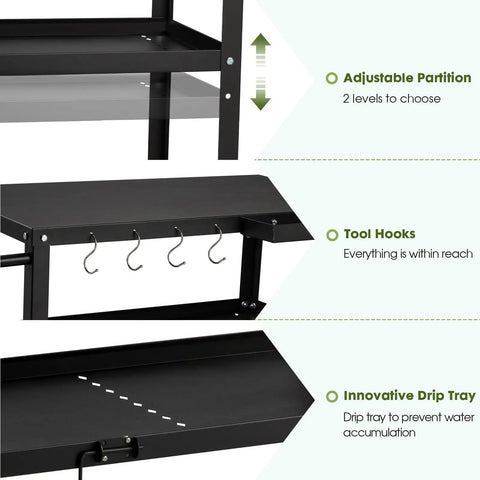 Outdoor Grill Cart Table With Pizza Oven Stand For Indoor And Outdoor Cooking 4 Locking Casters Side Handle Hooks Black