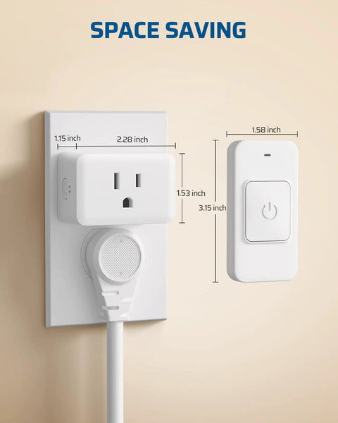 Indoor Wireless Remote Outlet With Big One Touch Button Easy On Off Control For Lamps Vacs Lights Holiday Decor 15A/1875W 100Ft RF Range Magnetic Wall Switch Simple Setup White, showing dimensions and space-saving design