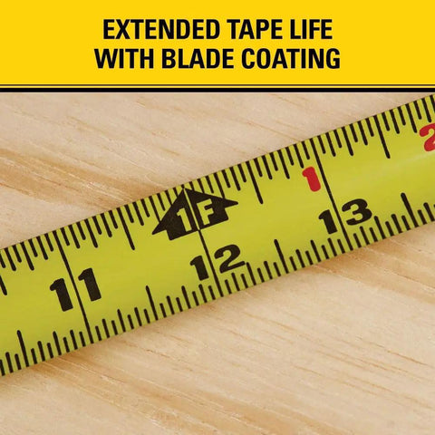 Close-up of 16 Foot Tape Measure Powerlock With Tru Zero End Hook Locking Blade Pro Grade Durable showing blade and marking.