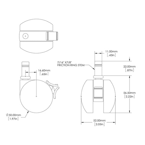 Built Tough 2 Inch Black Twin Wheel Swivel Furniture Casters With Brake dimensions and specs illustration showing friction stem.