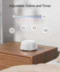 All Night White Noise Machine With 9 Color Night Light on bedside table showing adjustable volume and timer settings