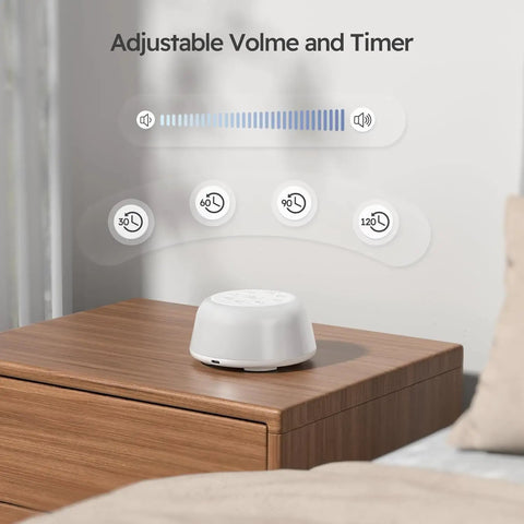 All Night White Noise Machine With 9 Color Night Light on bedside table showing adjustable volume and timer settings