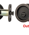 Round Privacy Pocket Door Latch With Aged Oil Rubbed Bronze Finish Easy Install Sliding Door Handle For Bathroom Or Bedroom 2 3 Eighths Backset Universal Fit Locking Passage Pull, showing inside and outside views.