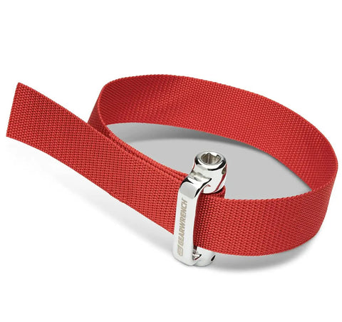 Heavy Duty Oil Filter Strap Wrench With Three Eighths And One Half Inch Drive Nylon Strap Forged Steel Handle Chrome Plated Drive