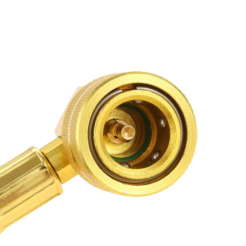 Close-up of R134A Car AC Refrigerant Charge Hose Kit With One-Half-Inch Acme Can Tap Piercing Valve showing brass tip