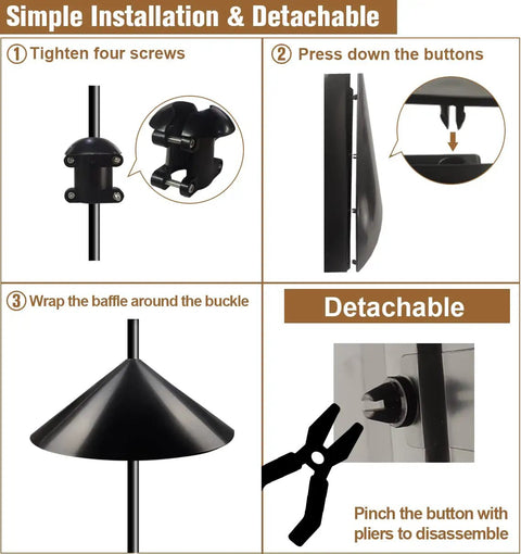 Heavy Duty Squirrel Proof Bird Feeder Baffle 19 Inch Diameter Pole Mount Shield installation steps shown in image