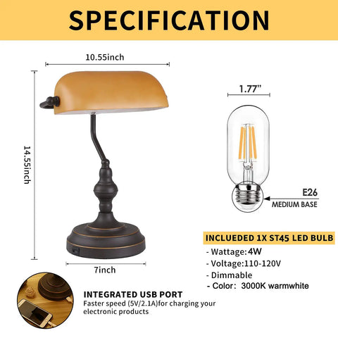 Jade Green Glass Vintage Banker Desk Lamp With Antique Brass Finish, Touch Control, USB Charging, Retro Mid Century Vibe Spec Sheet