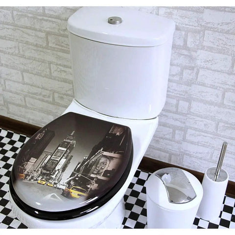 Universal Wooden Toilet Seat With Slow Close Soft Drop Lid And Sturdy Chrome Hinges Durable Enamel Coated Bathroom Fixture on toilet.