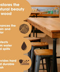 Heavy Hitter Danish Oil Wood Sealer Slips Right On And Leaves A Bully Satin Shield That Beats Down Water Rings Scuffs And Daily Abuse On Oak Pine Teak And Raw Wood Projects on wooden table enhancing its grain.