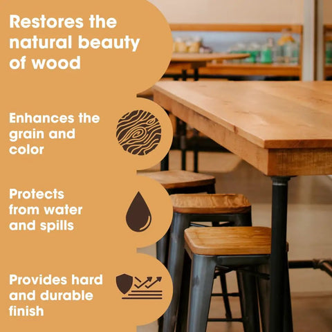 Heavy Hitter Danish Oil Wood Sealer Slips Right On And Leaves A Bully Satin Shield That Beats Down Water Rings Scuffs And Daily Abuse On Oak Pine Teak And Raw Wood Projects on wooden table enhancing its grain.