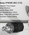 Top Shelf HiFi Power Plug Featuring Rhodium Plated Copper Non Magnetic Pins And Rock Solid Iec C15 Connector Designed For Heavy Duty Diy Audiophile Cables Delivering Clean Audio, close-up of rhodium-plated connector.