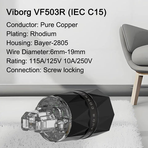 Top Shelf HiFi Power Plug Featuring Rhodium Plated Copper Non Magnetic Pins And Rock Solid Iec C15 Connector Designed For Heavy Duty Diy Audiophile Cables Delivering Clean Audio, close-up of rhodium-plated connector.