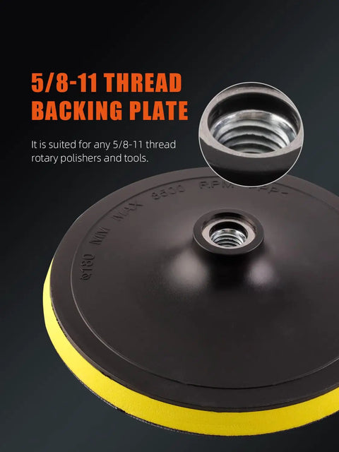 Ten Piece Polishing Pads Kit With Seven Inch Foam Buffing Pads For Car Waxing And Polishing Includes Five Varied Roughness Pads Premium Wool Pad And Microfiber Pads For Wax Removal Washable And Reusable Backing Plate showing 5/8-11 thread backing plate