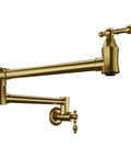 Wall Mount Pot Filler Faucet With 24 Inch Reach Pro Grade Dual Swivel Joints And Twin Handles Solid Brass Stainless Steel Brushed Gold