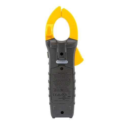 Back view of Digital AC Clamp Meter 0 to 400A and 0 to 600V AC and DC, TRMS, NCV, Diode Testing, Backlit Display, Probe Holder, CAT III 600V, Pro Grade Electrician Must Have for Precise Readings, yellow and black