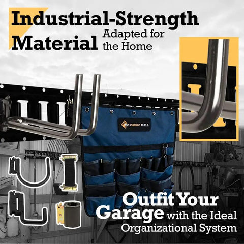 Slick Seven Piece Garage Storage Kit With Four Foot Steel Rail Two J Hooks Bungee Tie Down Strap And Hanging Pocket Tool Organizer For A Hella Sturdy Home Workshop Setup That Really Knocks Out The Clutter