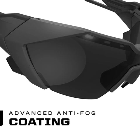 Close-up of Vision Type E Safety Glasses With Anti Fog Coating, Scratch Resistant Smoke Lens, Lightweight Gray Half Frame Eyewear