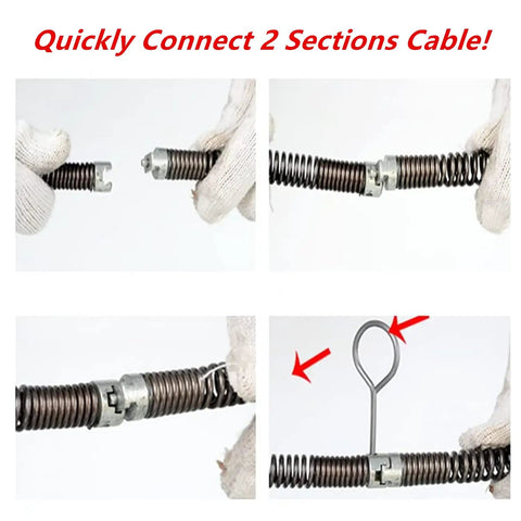 Hands connecting sections of drain cleaning cable 60 feet long 5/8 inch with six cutters hollow core sewer snake for stubborn clogs.