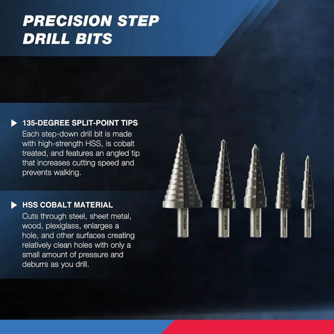 Titanium Coated Step Drill Bit Set 5 Piece 4mm To 35mm HSS Unibit With 135 Degree Split Point, precision step drill bits displayed
