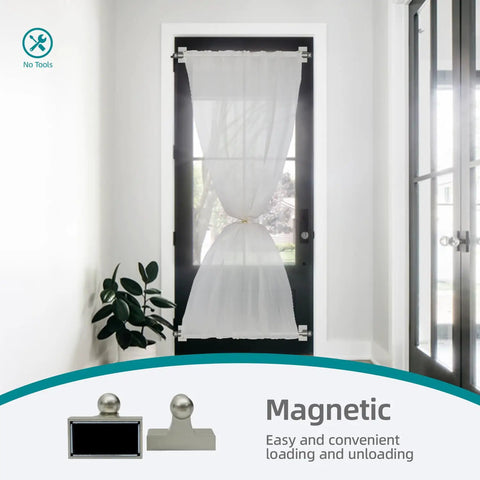 Adjustable Magnetic Rods For Metal Appliances Doors And Windows No Drill Easy Mount 9 To 28 Inch Extendable Towel Bar 2 Pack Multi Use Champagne Finish installed on door with curtain