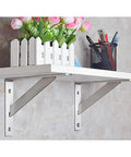 Heavy Duty Stainless Steel Shelf Brackets for Wall Mounted Corner Support with white shelf, flower pot, and stationery holder.