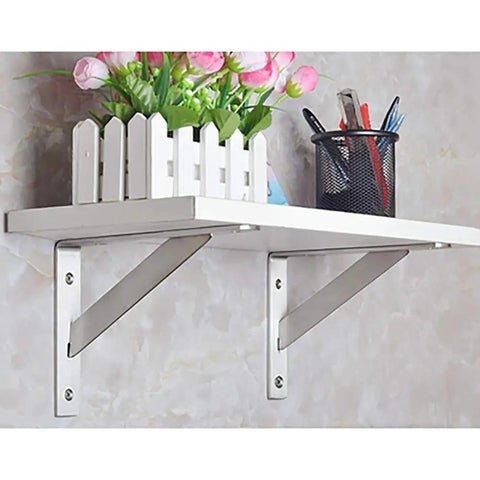 Heavy Duty Stainless Steel Shelf Brackets for Wall Mounted Corner Support with white shelf, flower pot, and stationery holder.
