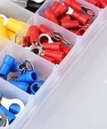Heavy Duty 102PCS RV Electrical Wire Crimp Connector Kit Set Featuring 10 Kinds Of Insulated Ring Terminals Copper Cord Pin Ends And Butt Connectors Stored Neatly In A Rugged Box For Your Car Audio Install Or Van Build Hacks Today. 102PCS insulated ring terminals in storage box