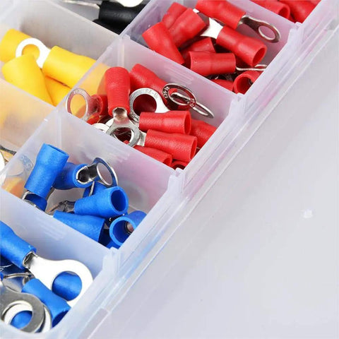 Heavy Duty 102PCS RV Electrical Wire Crimp Connector Kit Set Featuring 10 Kinds Of Insulated Ring Terminals Copper Cord Pin Ends And Butt Connectors Stored Neatly In A Rugged Box For Your Car Audio Install Or Van Build Hacks Today. 102PCS insulated ring terminals in storage box