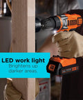 20V Max Cordless Drill Driver with Battery and Charger, LED Work Light in use, lighting up dark work area, gloved hand holding tool