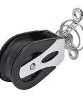 Rugged Nylon Sheave Block Head for Sailboats and Fitness Gear, 316 stainless, side view, 1500 lb working load, low friction design.