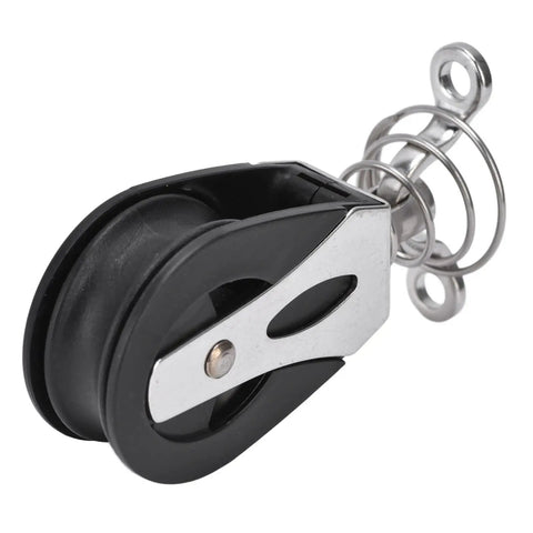 Rugged Nylon Sheave Block Head for Sailboats and Fitness Gear, 316 stainless, side view, 1500 lb working load, low friction design.