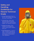 Safety guidelines for Hexane Technical Grade Solvent with protective gear illustration.