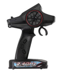 Next Level 7 Channel Rc Car Receiver Kit With Brushless Motor Esc And Servo Remote Control, black transmitter with wheel and buttons.