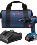 GSB18V-490B12 18V EC Brushless Half Inch Hammer Drill And Driver Kit With 2 Ah Battery shown with charger and bag