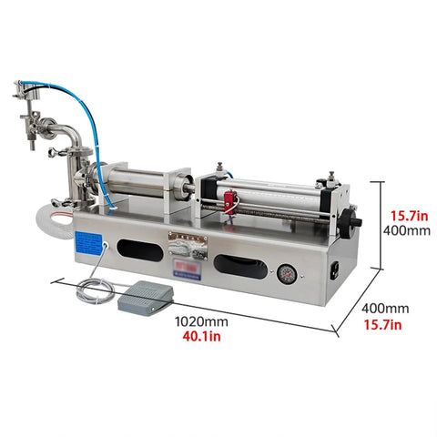 Heavy Duty Pneumatic Liquid Filling Machine With An Automatic Single Head Bottle Filler Rig shown from the side with measurements.