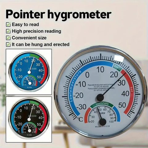 Portable Thermo Hygrometer With Handy Wide Temperature Range From Minus Thirty To Fifty Celsius And Humidity From Twenty To One Hundred Percent Easy Read Round Dial With Color Indicator Wall Mount Or Free Standing Indoor Outdoor No Electric, round dial