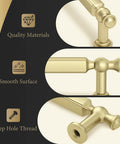 Close-up of Brushed Gold Cabinet Pulls 10 Pack, 5 Inch Hole Center Drawer Handles showing zinc alloy material and smooth surface design.