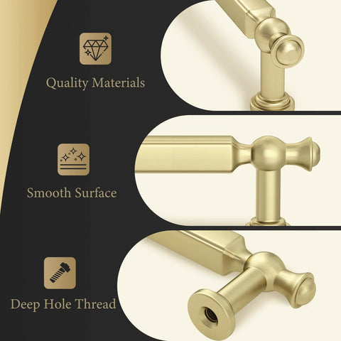 Close-up of Brushed Gold Cabinet Pulls 10 Pack, 5 Inch Hole Center Drawer Handles showing zinc alloy material and smooth surface design.