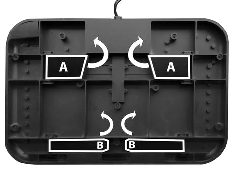 Bottom view of Toasty Toes Foot Warmer And Ergonomic Heated Footrest with adjustable positions and wiring, showcasing A and B labels.