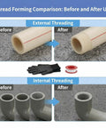 Thread forming comparison image showing external and internal threading on PVC pipes after using the Heavy Duty Pipe Threader Kit For Electric Drill Includes 0.5 And 0.75 Inch Plastic Pvc Tap Die Set With Internal External Dual Function Threading Tool Plus Gloves And Red Teflon Tape For Quick Plumbing Jobs.