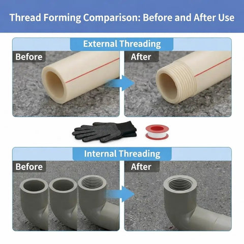 Thread forming comparison image showing external and internal threading on PVC pipes after using the Heavy Duty Pipe Threader Kit For Electric Drill Includes 0.5 And 0.75 Inch Plastic Pvc Tap Die Set With Internal External Dual Function Threading Tool Plus Gloves And Red Teflon Tape For Quick Plumbing Jobs.