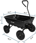 Heavy Duty Garden Dump Cart With 600 Lb Capacity And Flat Free Tires Quick Release Dump Wagon in black with size dimensions shown