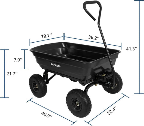 Heavy Duty Garden Dump Cart With 600 Lb Capacity And Flat Free Tires Quick Release Dump Wagon in black with size dimensions shown