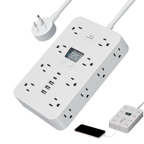 Total Game Changer Flat Power Strip With Eleven AC Outlets And Three Smart USB Chargers Saves Serious Space Behind Desks Or Dressers Perfect For College Dorms Home Offices And Weekend Getaways Always Works, showing 11 AC sockets and 3 USB ports.