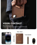 AirTag Enabled Passport Holder With RFID Protection held in hand near pocket, leather wallet dimensions displayed, brown travel accessory
