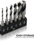NEIKO 11401A 6-piece brad-point drill bit set with quick-change hex shank in a black plastic holder