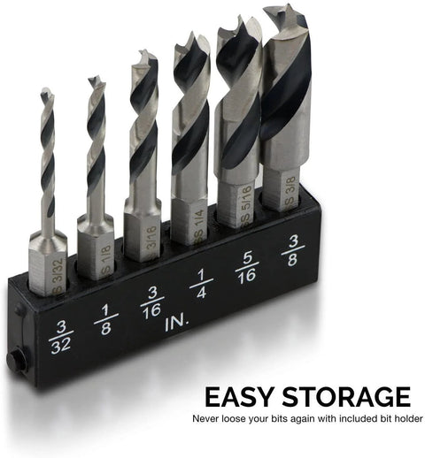 NEIKO 11401A 6-piece brad-point drill bit set with quick-change hex shank in a black plastic holder