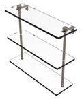 Triple Tiered Glass Shelf In Antique Brass Finish 16 Inch Wide With Three Eighths Inch Tempered Glass And Concealed Mounting Hardware